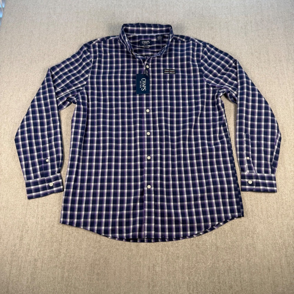 NWT Chaps Button Down Shirt Mens Large Navy Purple Plaid Easy Care Long‎ Sleeve